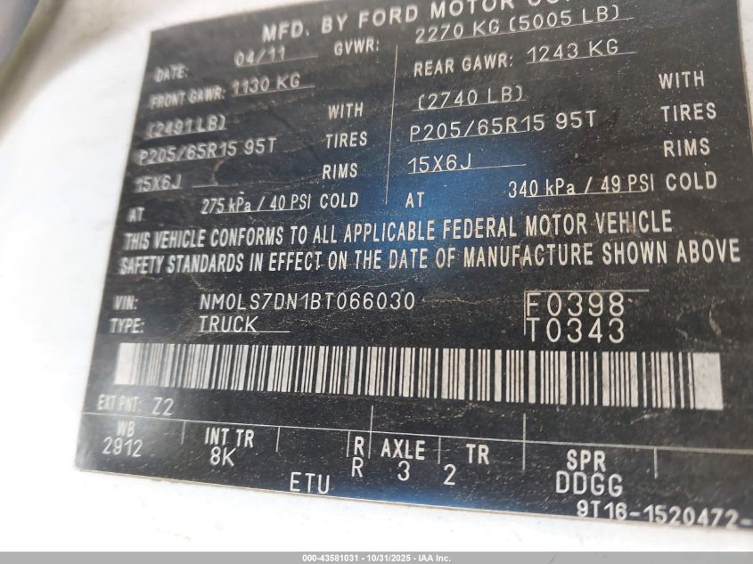 2011 Ford Transit Connect Xlt VIN: NM0LS7DN1BT066030 Lot: 43581031