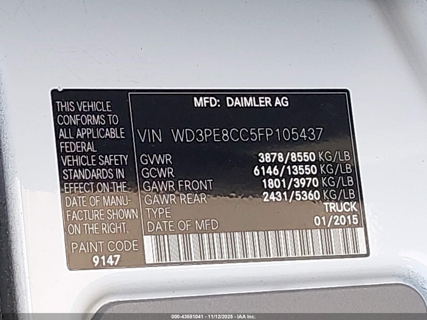 2015 Mercedes-Benz Sprinter 2500 High Roof VIN: WD3PE8CC5FP105437 Lot: 43581041