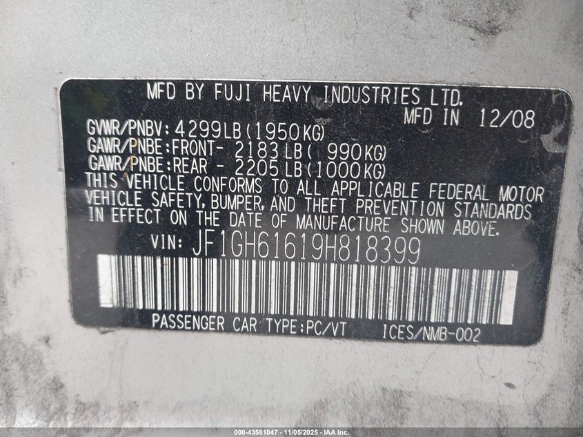 2009 Subaru Impreza 2.5I VIN: JF1GH61619H818399 Lot: 43581047