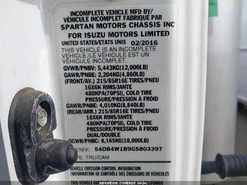 2016 Isuzu Npr Gas Reg VIN: 54DB4W1B9GS803397 Lot: 43581049