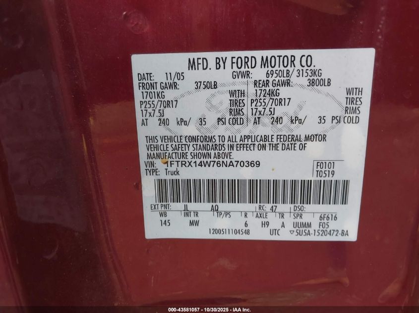 2006 Ford F-150 Stx/Xl/Xlt VIN: 1FTRX14W76NA70369 Lot: 43581057