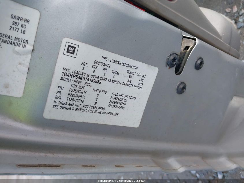 2001 Buick Lesabre Custom VIN: 1G4HP54K514189659 Lot: 43581070