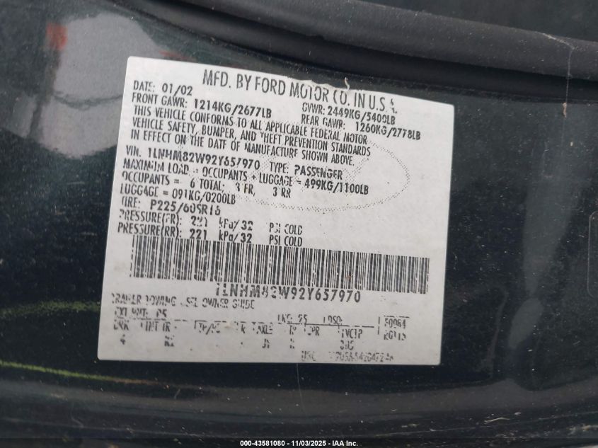 2002 Lincoln Town Car Signature VIN: 1LNHM82W92Y657970 Lot: 43581080