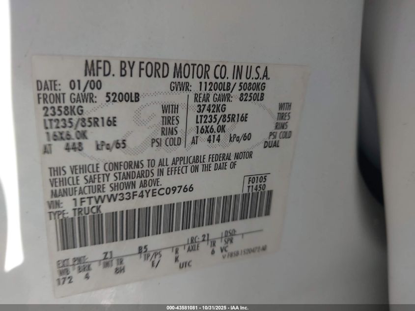 2000 Ford F-350 Lariat/Xl/Xlt VIN: 1FTWW33F4YEC09766 Lot: 43581081