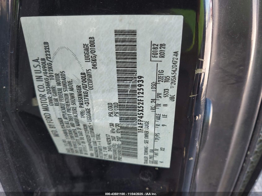 2002 Ford Mustang Gt VIN: 1FAFP45X52F125939 Lot: 43581100