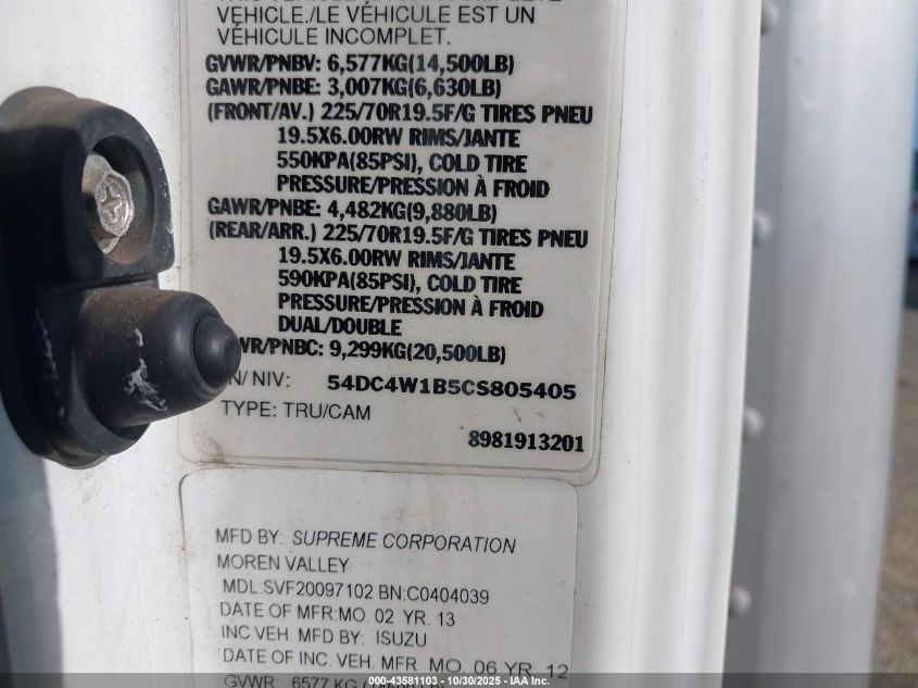 2012 Isuzu Npr Gas Reg VIN: 54DC4W1B5CS805405 Lot: 43581103