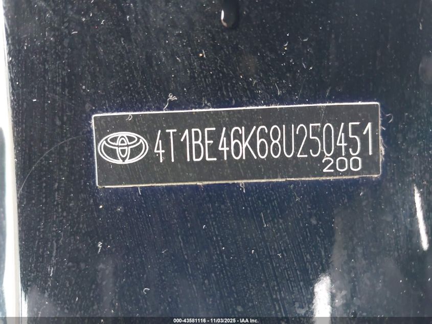 2008 Toyota Camry VIN: 4T1BE46K68U250451 Lot: 43581116