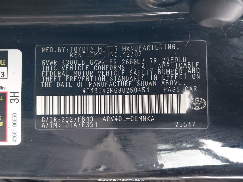 2008 Toyota Camry VIN: 4T1BE46K68U250451 Lot: 43581116
