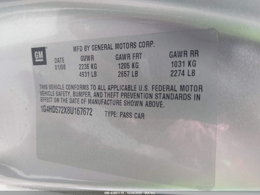 2008 Buick Lucerne Cxl VIN: 1G4HD572X8U167672 Lot: 43581119