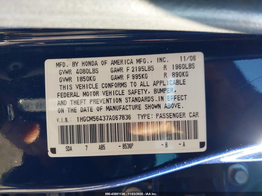 1HGCM56437A067836 2007 HONDA ACCORD photo no. 9