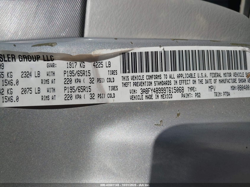 2009 Chrysler Pt Cruiser Lx VIN: 3A8FY48999T615068 Lot: 43581145