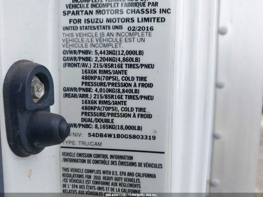 2016 Isuzu Npr Gas Reg VIN: 54DB4W1B0GS803319 Lot: 43581173