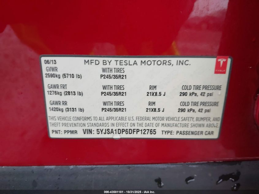 2013 Tesla Model S Performance VIN: 5YJSA1DP6DFP12765 Lot: 43581181