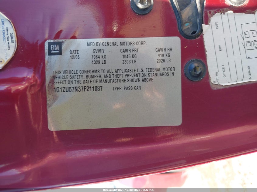 2007 Chevrolet Malibu Ltz VIN: 1G1ZU57N37F211087 Lot: 43581182
