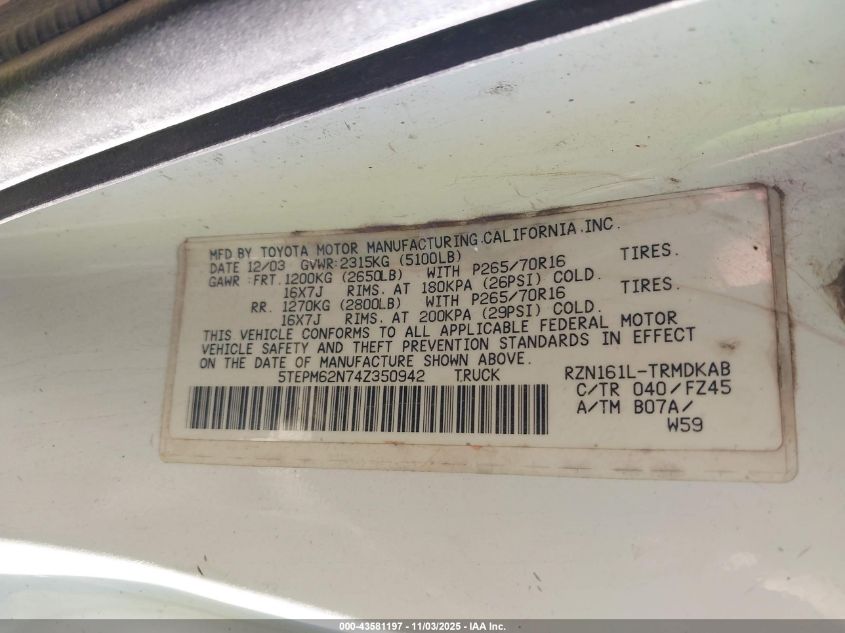 2004 Toyota Tacoma VIN: 5TEPM62N74Z350942 Lot: 43581197
