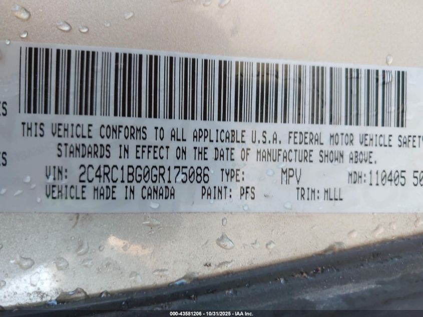 2016 Chrysler Town & Country Touring VIN: 2C4RC1BG0GR175086 Lot: 43581206