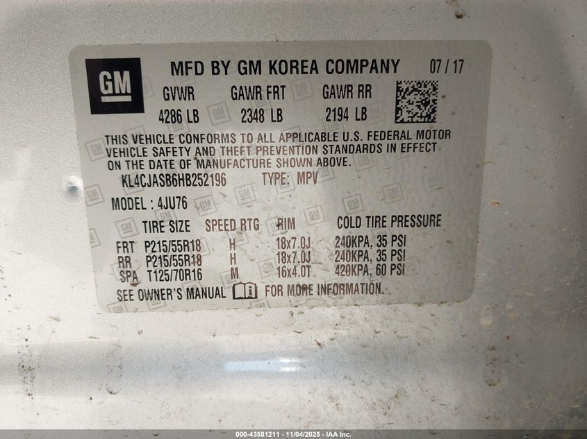 2017 Buick Encore Preferred VIN: KL4CJASB6HB252196 Lot: 43581211