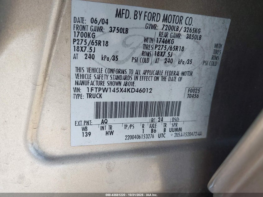 1FTPW145X4KD46012 2004 FORD F-150 photo no. 9
