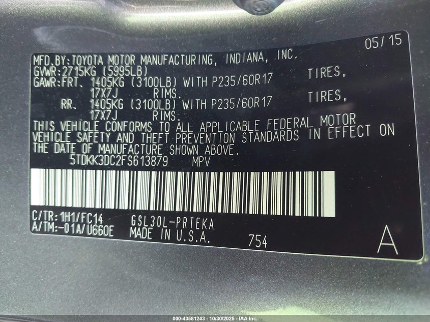 5TDKK3DC2FS613879 2015 TOYOTA SIENNA photo no. 9