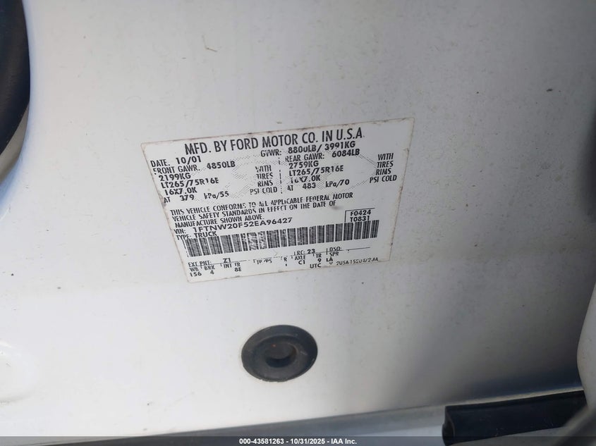 2002 Ford F-250 Lariat/Xl/Xlt VIN: 1FTNW20F52EA96427 Lot: 43581263