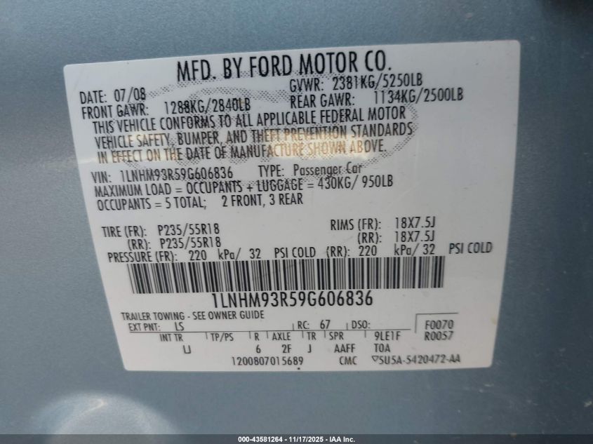 2009 Lincoln Mks VIN: 1LNHM93R59G606836 Lot: 43581264