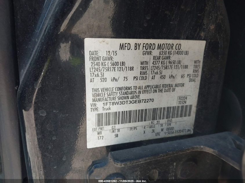 2016 Ford F-350 Lariat VIN: 1FT8W3DT3GEB72270 Lot: 43581282