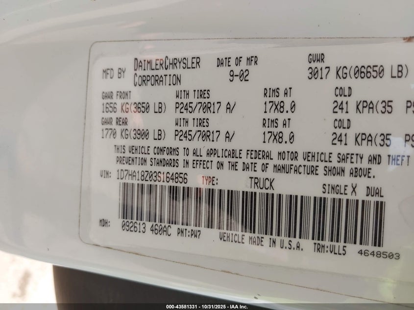 2002 Dodge Ram 1500 St VIN: 3D7HA18N82G133342 Lot: 43581331