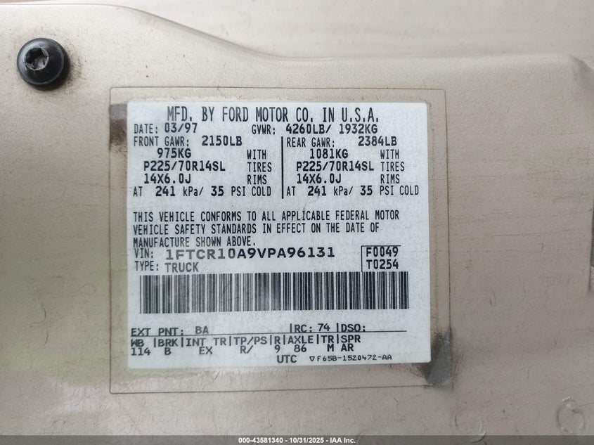 1997 Ford Ranger Splash/Xl/Xlt VIN: 1FTCR10A9VPA96131 Lot: 43581340