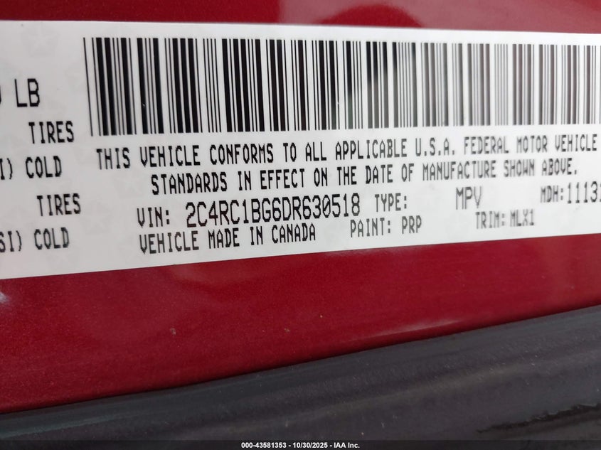 2013 Chrysler Town & Country Touring VIN: 2C4RC1BG6DR630518 Lot: 43581353