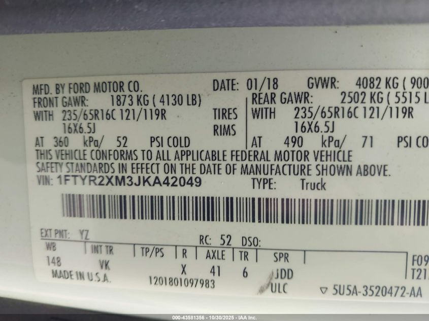 2018 Ford Transit-250 VIN: 1FTYR2XM3JKA42049 Lot: 43581356