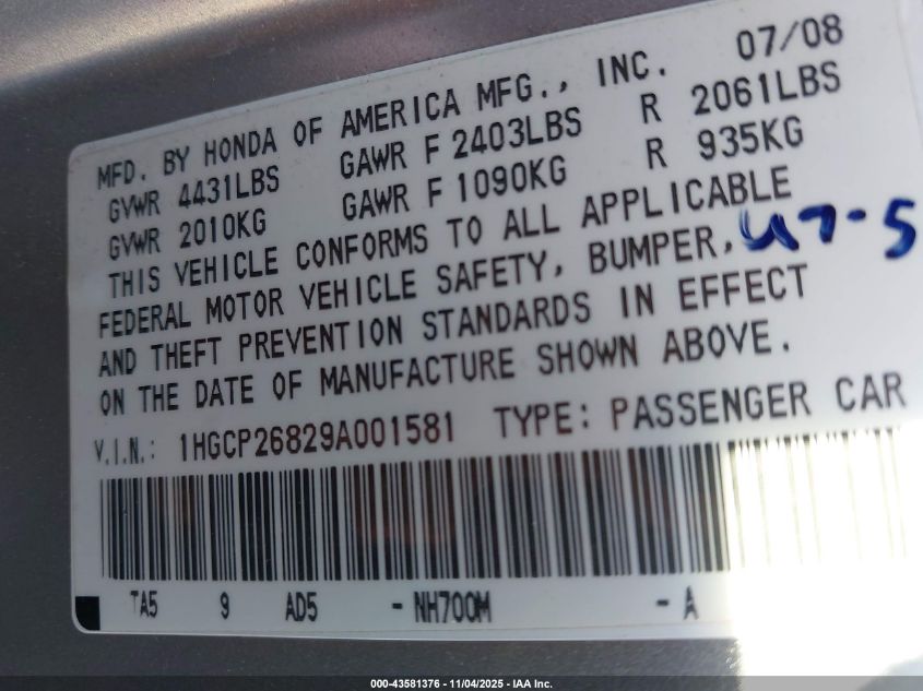 2009 Honda Accord 2.4 Ex-L VIN: 1HGCP26829A001581 Lot: 43581376
