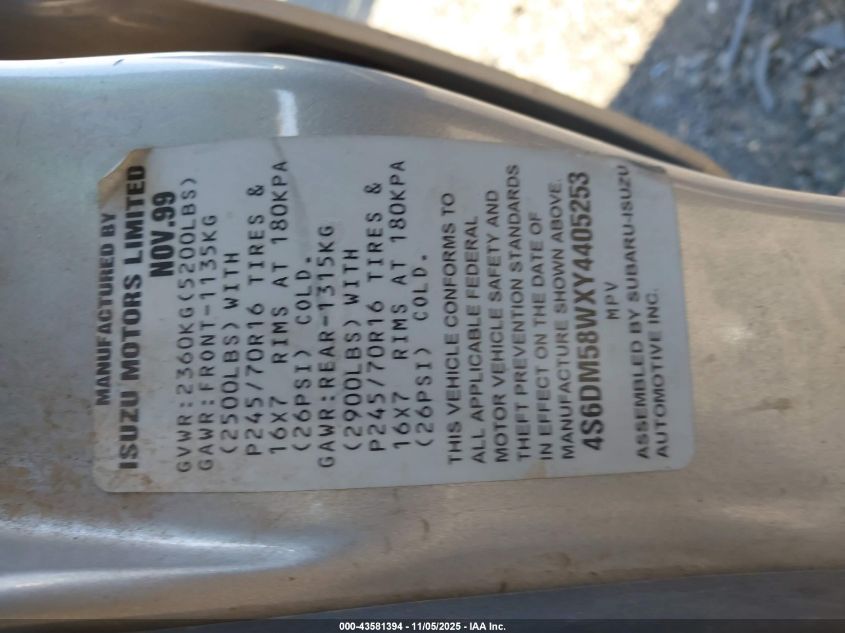 2000 Honda Passport Ex/Lx VIN: 4S6DM58WXY4405253 Lot: 43581394