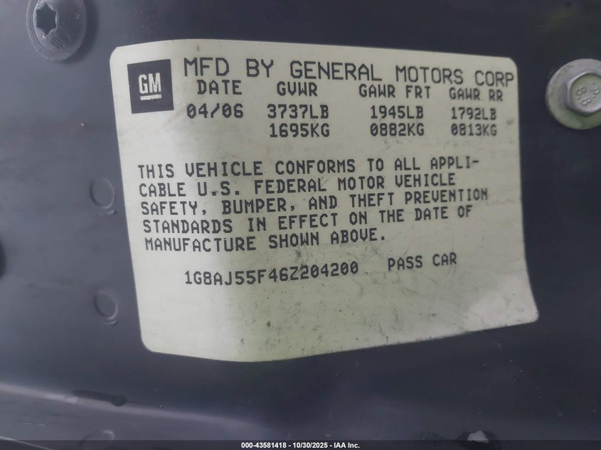 2006 Saturn Ion 2 VIN: 1G8AJ55F46Z204200 Lot: 43581418