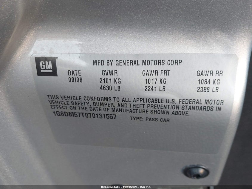 2007 Cadillac Cts Standard VIN: 1G6DM57T070131557 Lot: 43581446