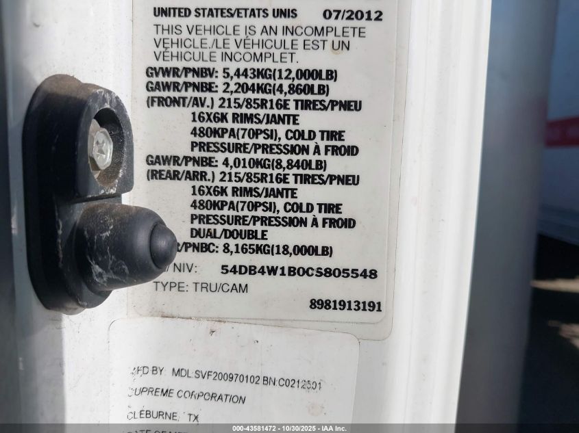 2012 Isuzu Npr VIN: 54DB4W1B0CS805548 Lot: 43581472