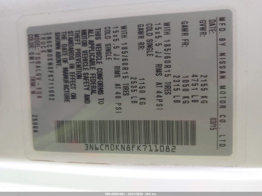 2015 Nissan Nv200 Sv VIN: 3N6CM0KN8FK711082 Lot: 43581481