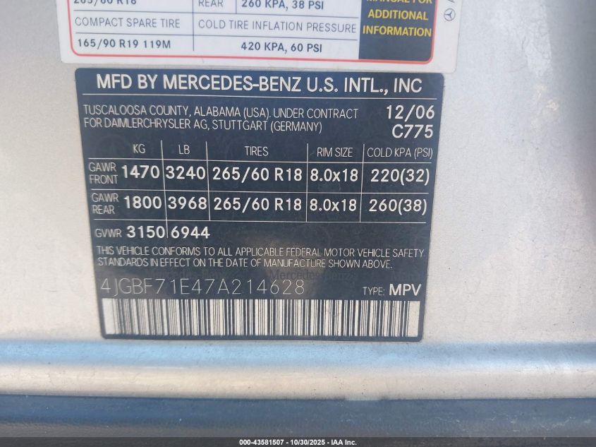 2007 Mercedes-Benz Gl 450 4Matic VIN: 4JGBF71E47A214628 Lot: 43581507