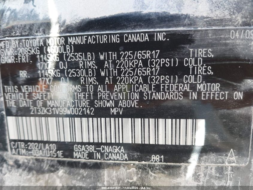 2009 Toyota Rav4 Limited V6 VIN: 2T3ZK31V99W002142 Lot: 43581531