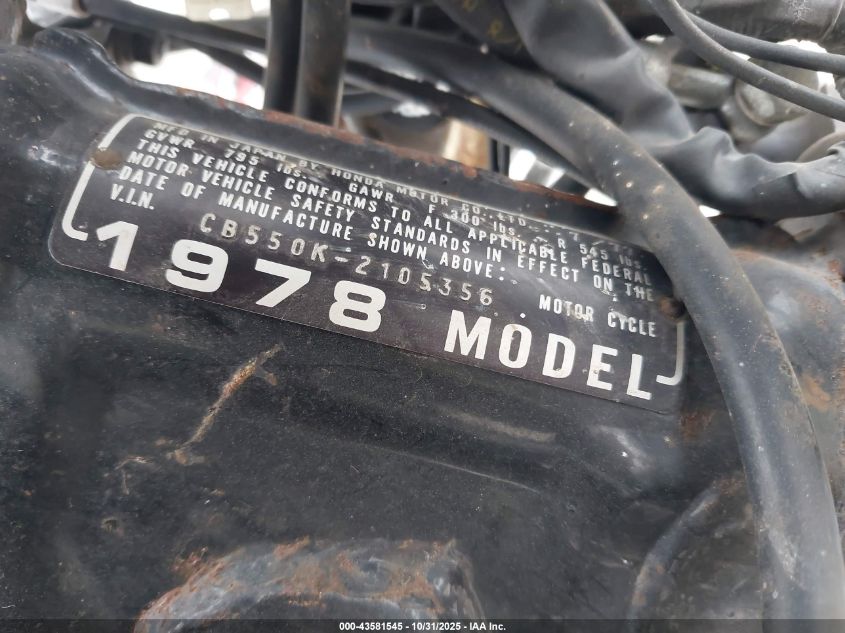 1978 Honda Cb550 VIN: CB550E2105347 Lot: 43581545
