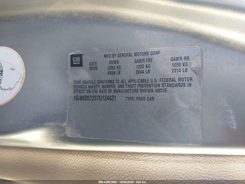 2007 Buick Lucerne Cxl VIN: 1G4HD57237U124421 Lot: 43581560