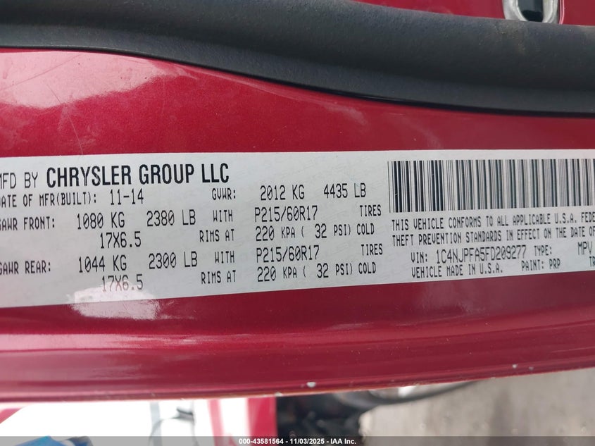 2015 JEEP PATRIOT LATITUDE 1C4NJPFA5FD209277