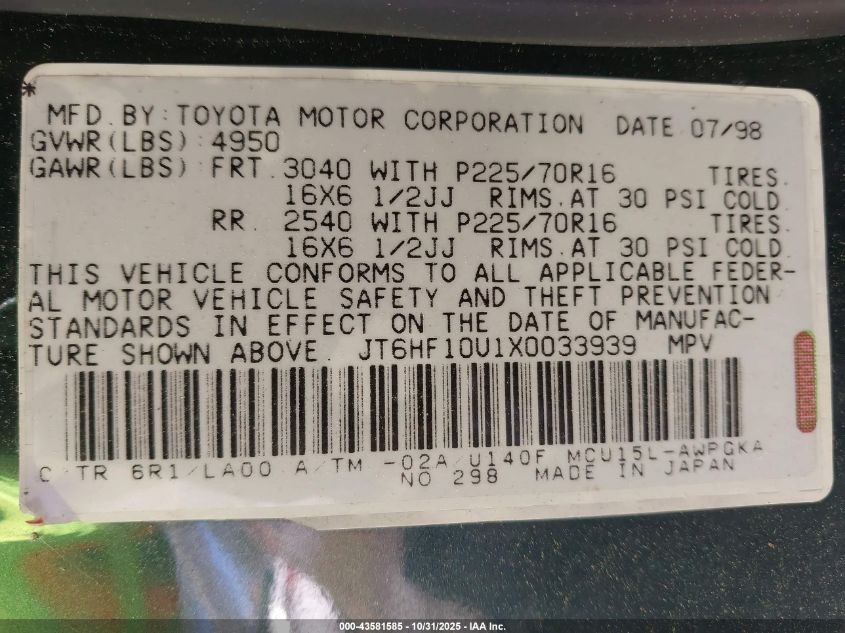 1999 Lexus Rx 300 VIN: JT6HF10U1X0033939 Lot: 43581585