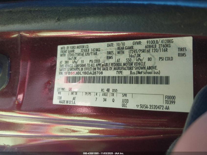 2011 Ford E-350 Super Duty Xl VIN: 1FBSS3BL1BDA28708 Lot: 43581589