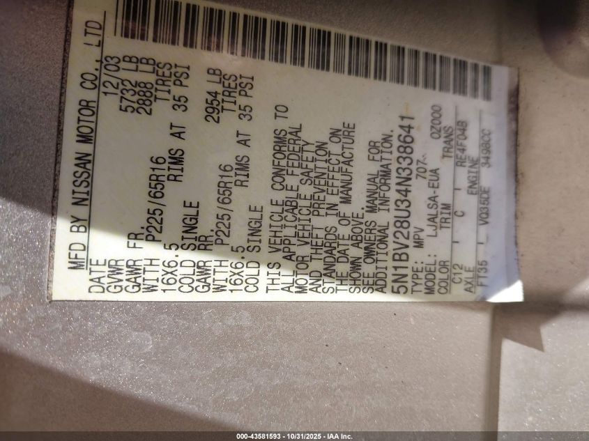 2004 Nissan Quest 3.5 S VIN: 5N1BV28U34N338641 Lot: 43581593