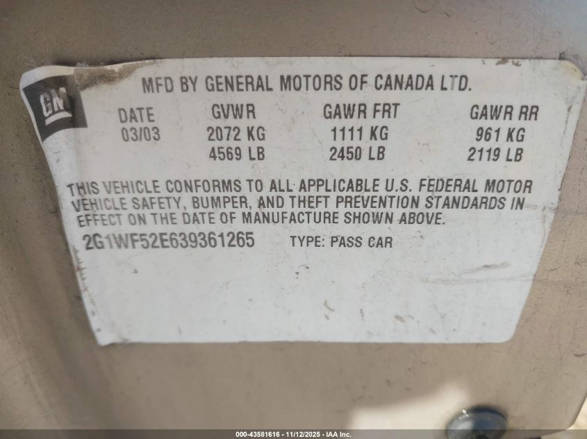 2005 Chevrolet Impala VIN: 2G1WF52E059330211 Lot: 43581616