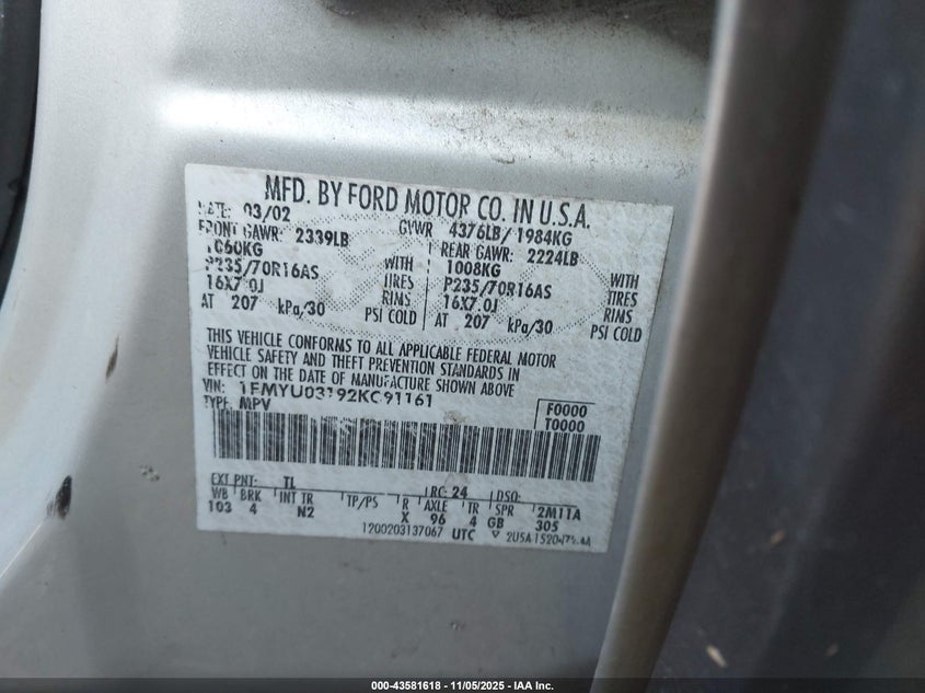 1FMYU03192KC91161 2002 FORD ESCAPE photo no. 9