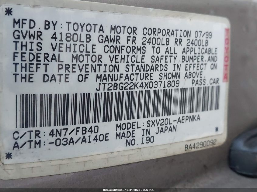 1999 Toyota Camry Le VIN: JT2BG22K4X0371809 Lot: 43581635