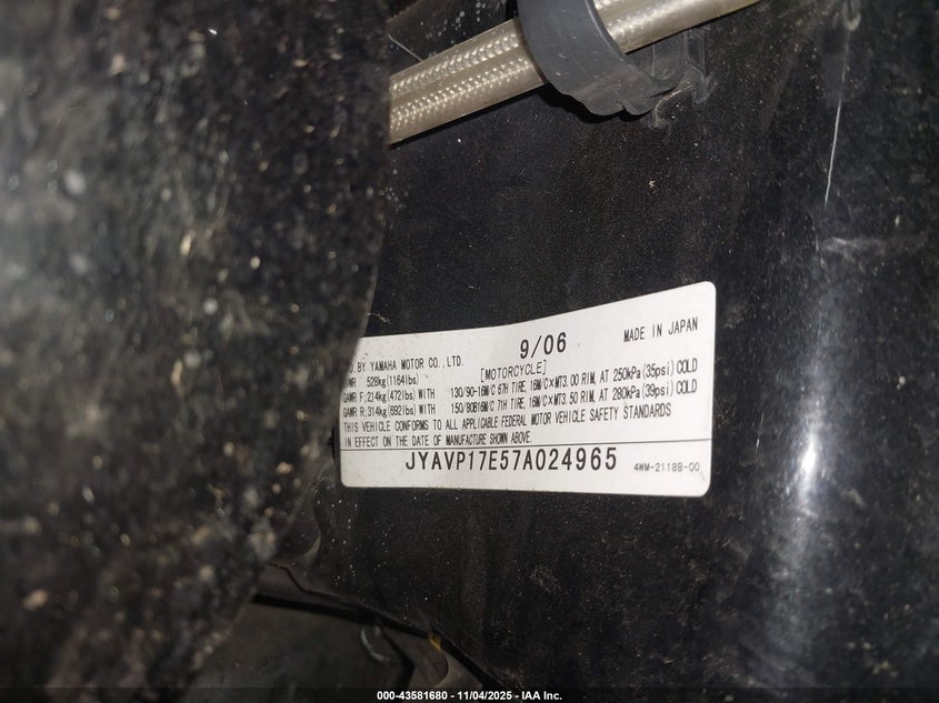 2007 Yamaha Xv1700 A VIN: JYAVP17E57A024965 Lot: 43581680