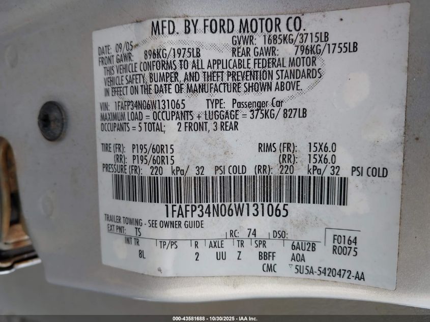 2006 Ford Focus Zx4 VIN: 1FAFP34N06W131065 Lot: 43581688