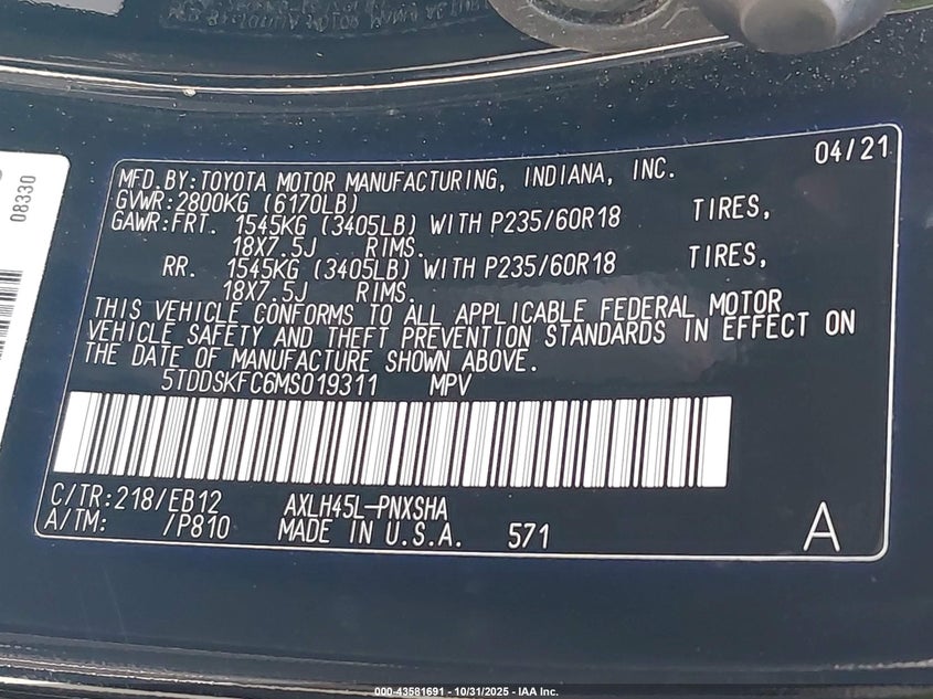 2021 Toyota Sienna Xse VIN: 5TDDSKFC6MS019311 Lot: 43581691